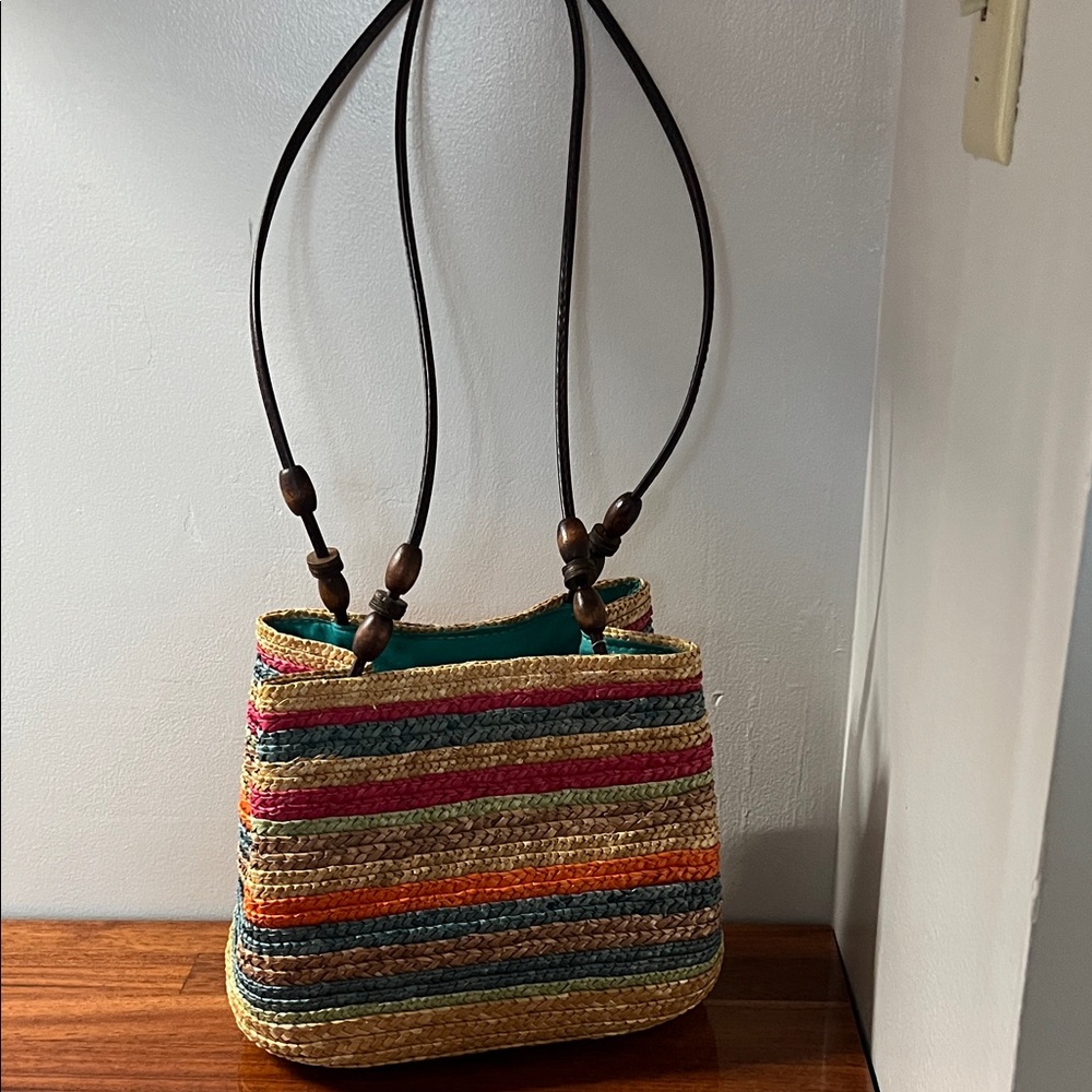 Woven Multi-Color Straw Tote with Leather Strap